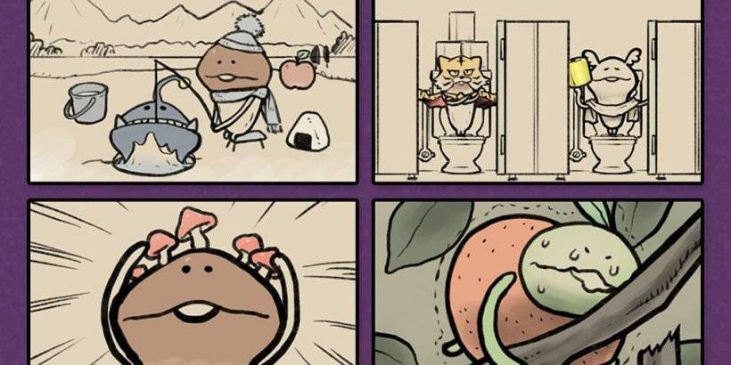 four panels. Top left shows a mushroom trying to get a big fish through a small hole in the ice. Top right shows mushroom on toilet in public restrom holding toilet paper. Bottom left shows a mushroom with little mushrooms on its head. Bottom right shows a green mushroom trying to push an orange off a branch