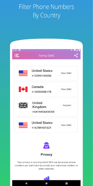 Temp SMS - Temporary Numbers ภาพหน้าจอ 1