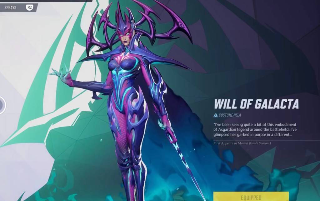 Hela in her Will of Galacta skin on the selection menu  as part of an article about free Marvel Rivals skins.