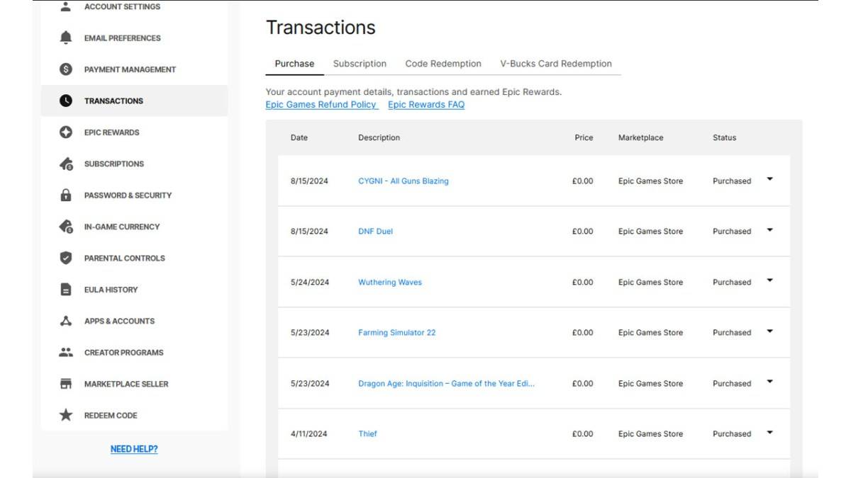 Epic Games transactions page showing Fortnite purchases.