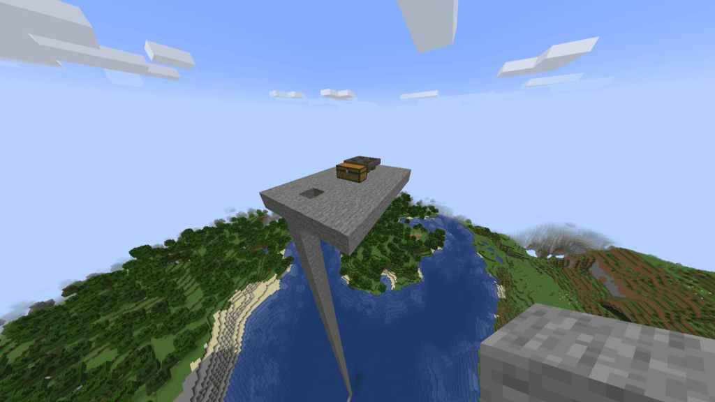 Minecraft Small Platform在天空中有一个胸部和四个漏斗的Mob Spawner