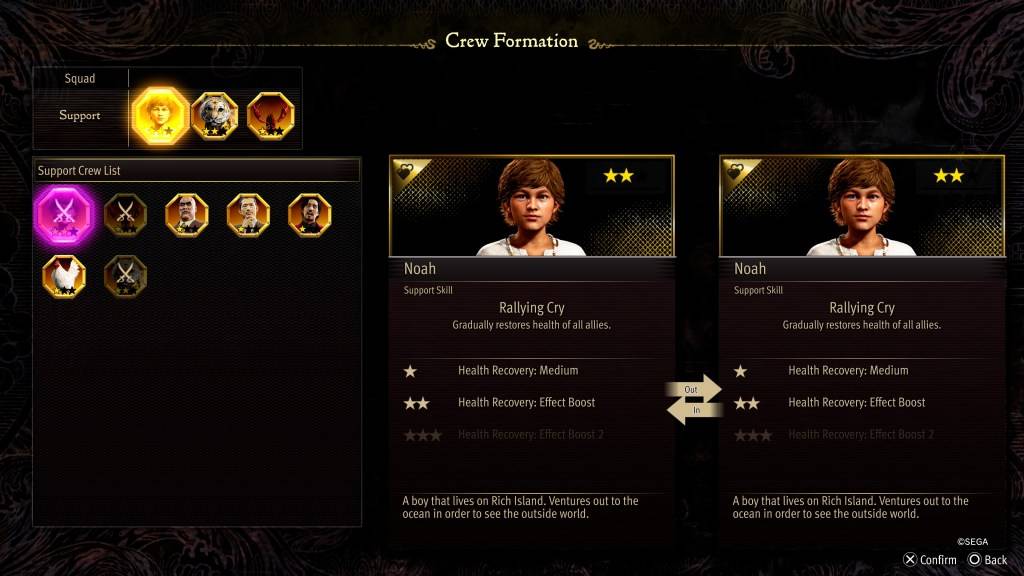 The Crew Formation stat screen for Noah in Like a Dragon: Pirate Yakuza in Hawaii