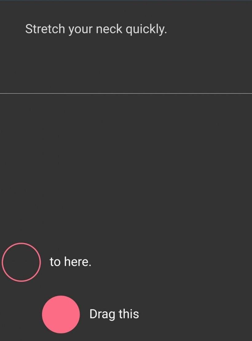 Een grijs spelscherm met een prompt bovenaan om je nek snel te strekken, terwijl een roze bal zegt het naar een kleine uitsparing te slepen