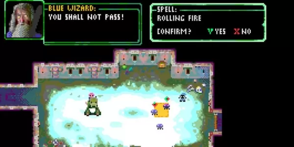 Ein Bild einer pixellierten Eishöhle, in der eine Frau und ein orkähnliches Monster im Gespräch stehen.