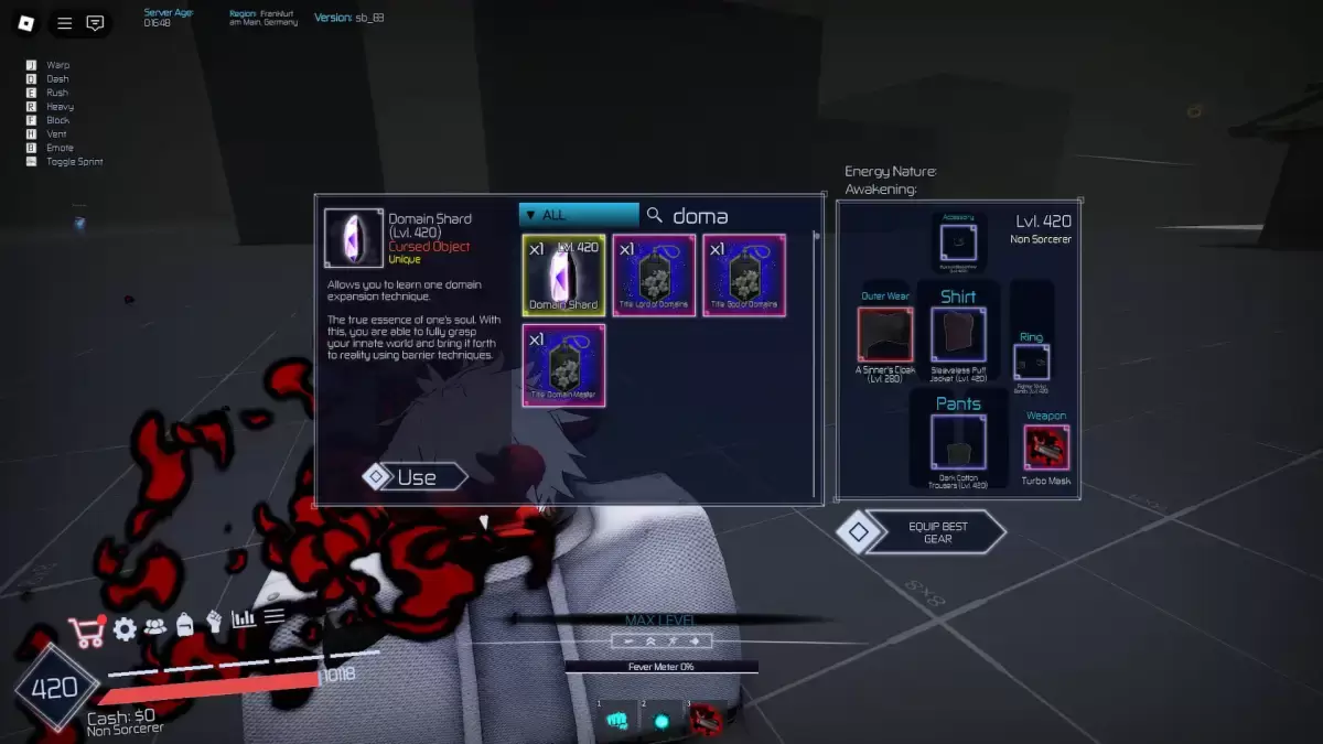 Domain Shard in inventory in Jujutsu Infinite