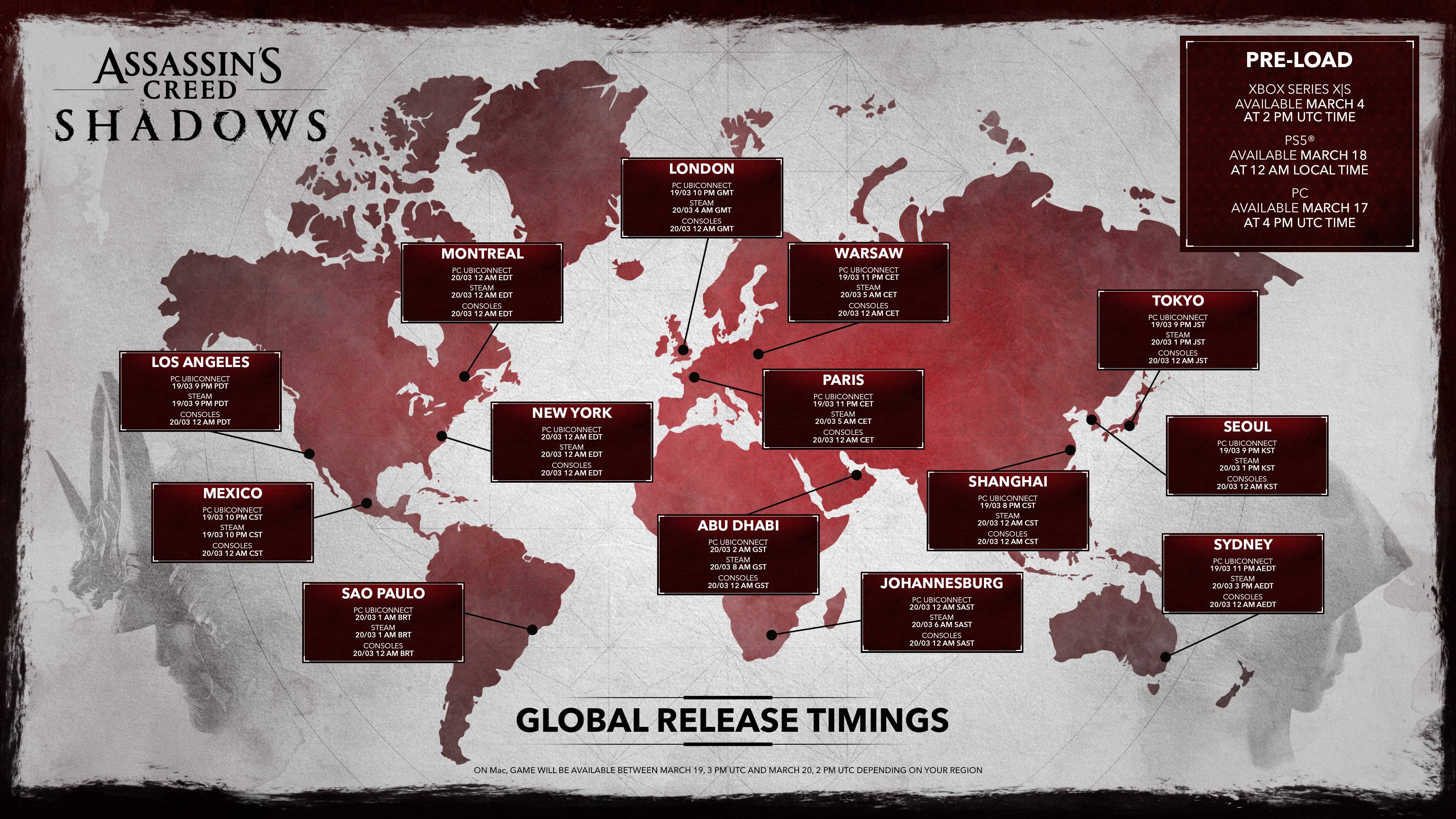 Assassin's Creed Shadows: Global Release Times rivelato