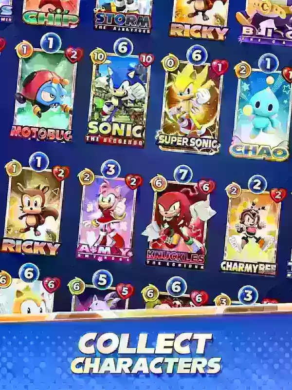 Multiple Sonic Blitz cards displayed in-game featuring characters like Sonic and Amy