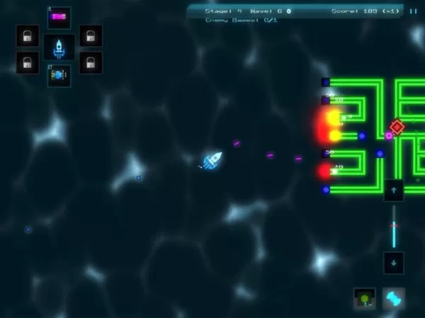 Uno screenshot del nucleo alieno in azione che mostra una nave luminosa che fa esplodere una serie di tubi verdi