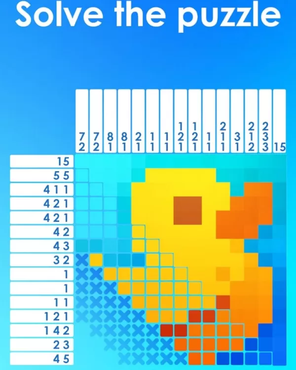 A picture of a nonogram-type puzzle showcasing a duck being filled in